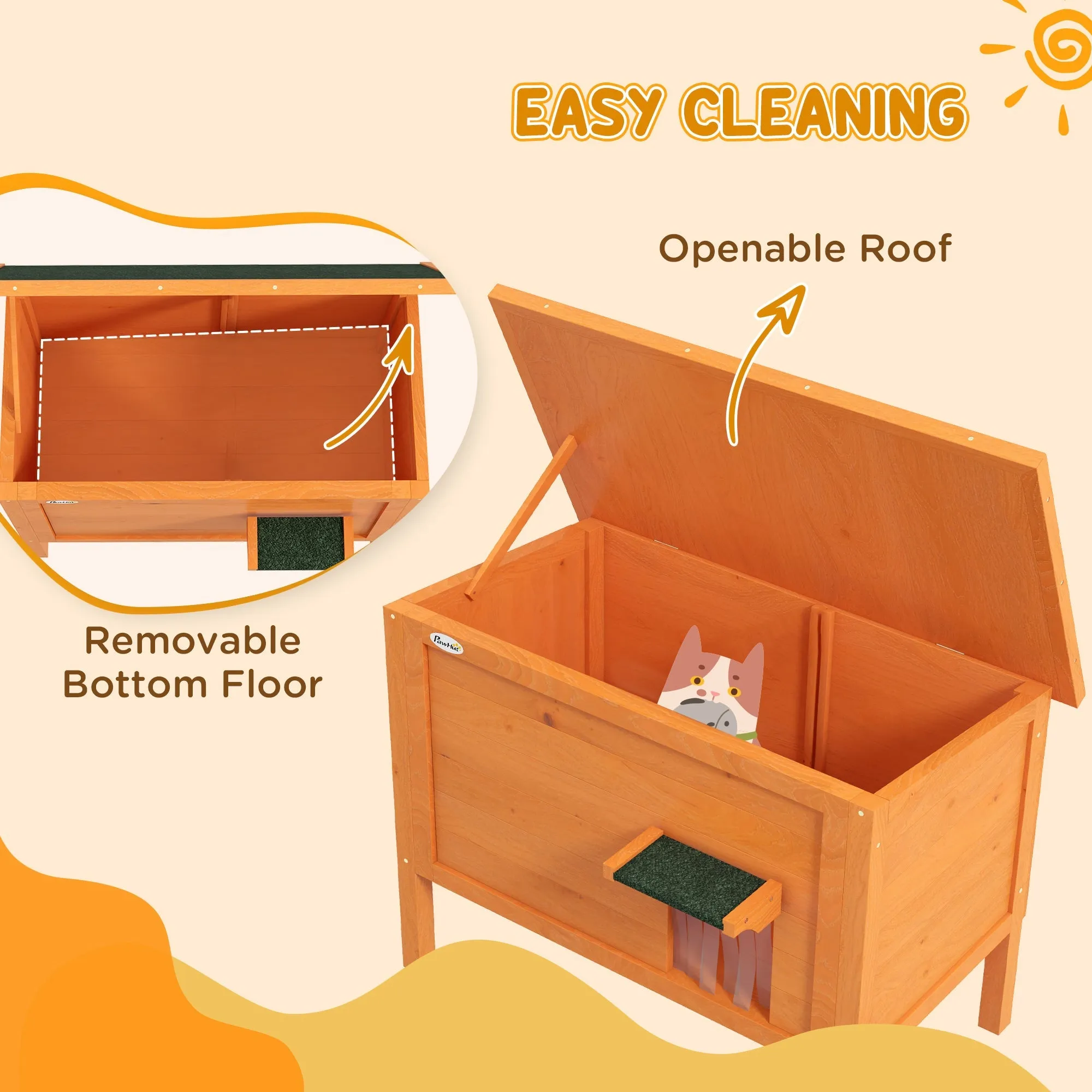 Feral Cat House Wooden Insulated with Removable Floor Water-Resistant Openable Roof - Orange