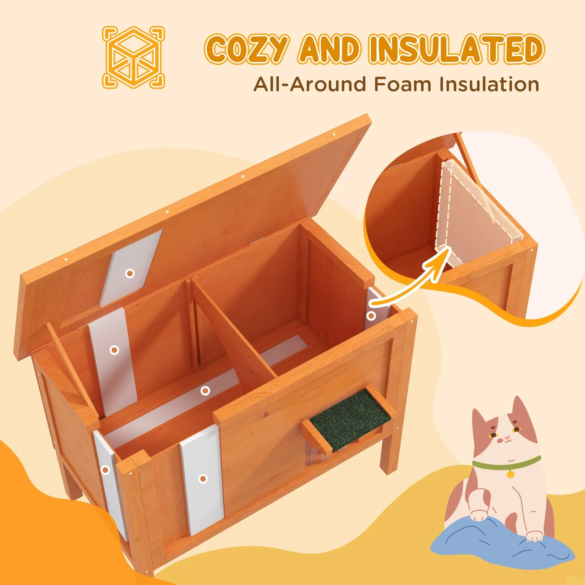 Feral Cat House Wooden Insulated with Removable Floor Water-Resistant Openable Roof - Orange
