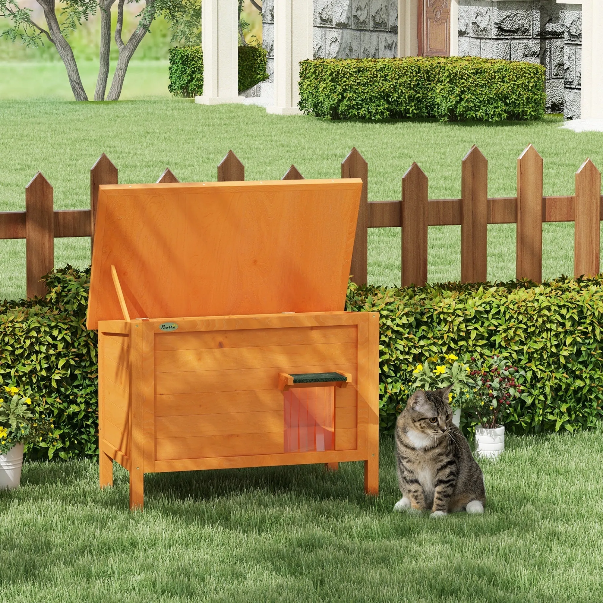 Feral Cat House Wooden Insulated with Removable Floor Water-Resistant Openable Roof - Orange