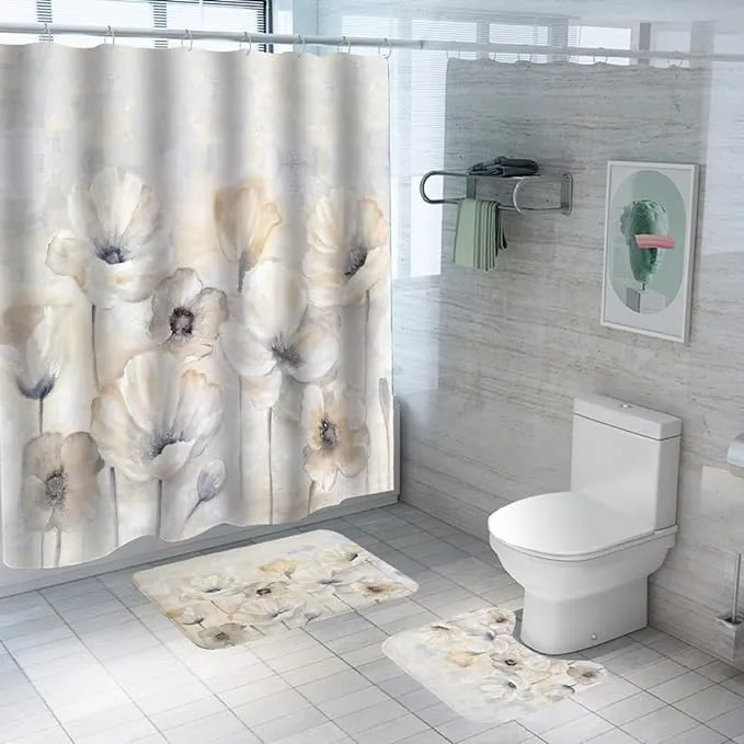 Kuber Industries Shower Curtain & Bathmat Set | Non-Slip Bath mats for Bathroom | Easy-Slide Curtains | Polyester Curtain or Bathmat for Bath Décor | YF345-3T | 15 Pcs Set | Multicolor