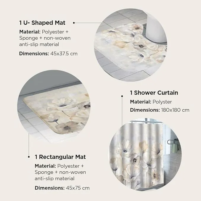 Kuber Industries Shower Curtain & Bathmat Set | Non-Slip Bath mats for Bathroom | Easy-Slide Curtains | Polyester Curtain or Bathmat for Bath Décor | YF345-3T | 15 Pcs Set | Multicolor
