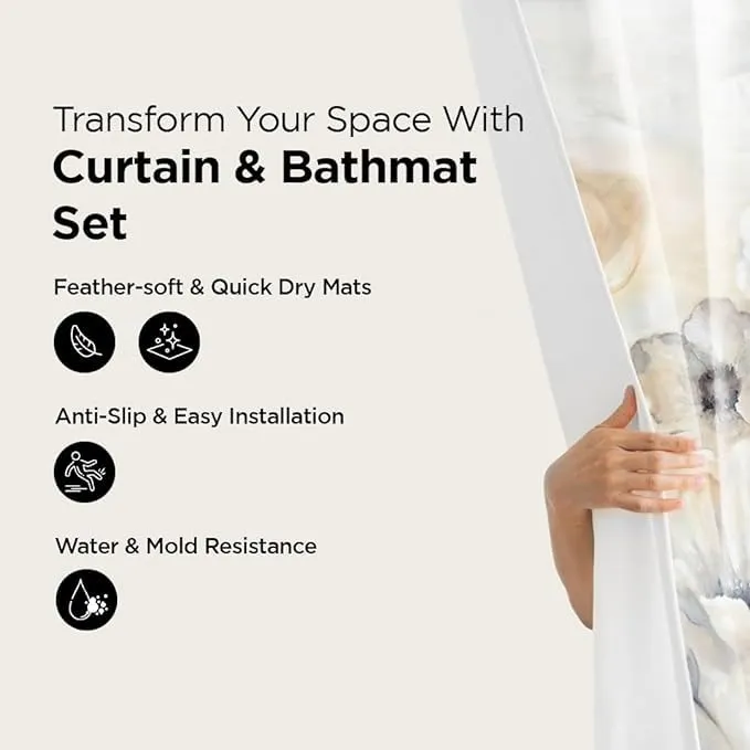 Kuber Industries Shower Curtain & Bathmat Set | Non-Slip Bath mats for Bathroom | Easy-Slide Curtains | Polyester Curtain or Bathmat for Bath Décor | YF345-3T | 15 Pcs Set | Multicolor