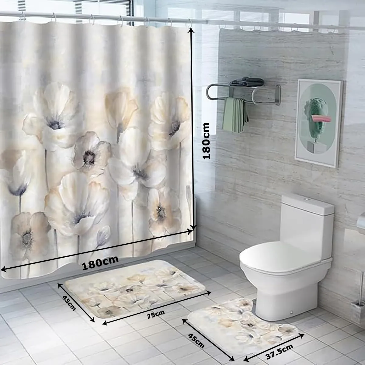 Kuber Industries Shower Curtain & Bathmat Set | Non-Slip Bath mats for Bathroom | Easy-Slide Curtains | Polyester Curtain or Bathmat for Bath Décor | YF345-3T | 15 Pcs Set | Multicolor