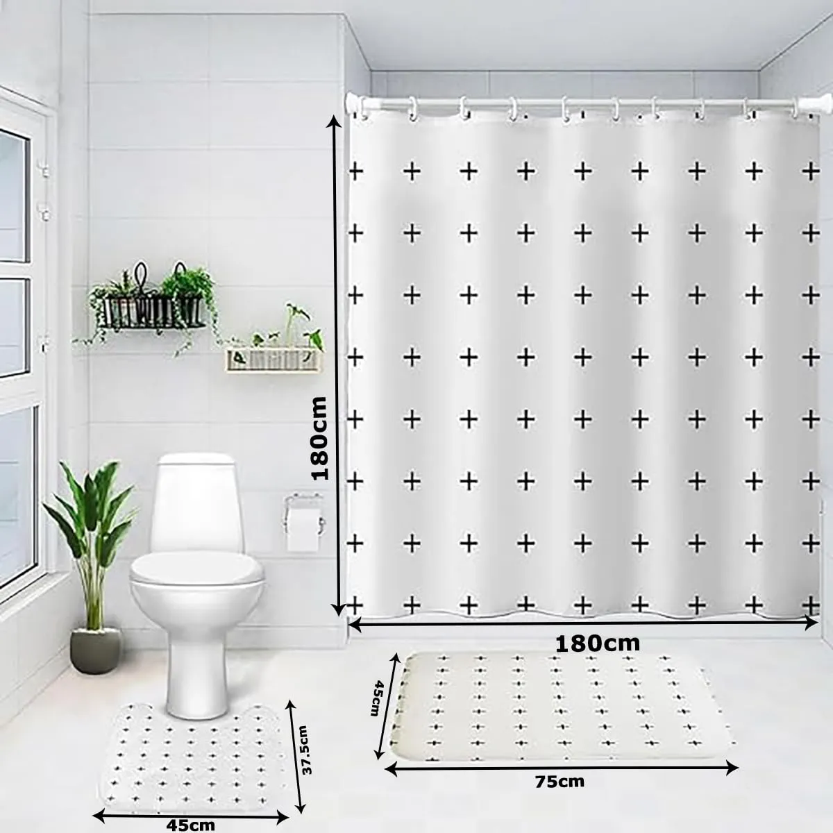 Urbane Home Shower Curtain & Bathmat Set | Non-Slip Bath mats for Bathroom | Easy-Slide Curtains | Polyester Curtain or Bathmat for Bath Décor | YX0149-3T | 3 Pcs Set | Multicolor