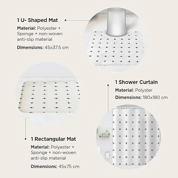 Urbane Home Shower Curtain & Bathmat Set | Non-Slip Bath mats for Bathroom | Easy-Slide Curtains | Polyester Curtain or Bathmat for Bath Décor | YX0149-3T | 3 Pcs Set | Multicolor